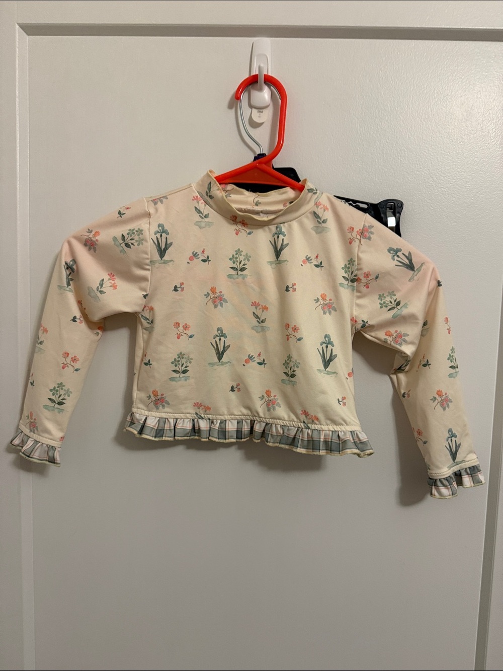 Girls Cream Floral Long-Sleeve Ruffle Hem Top